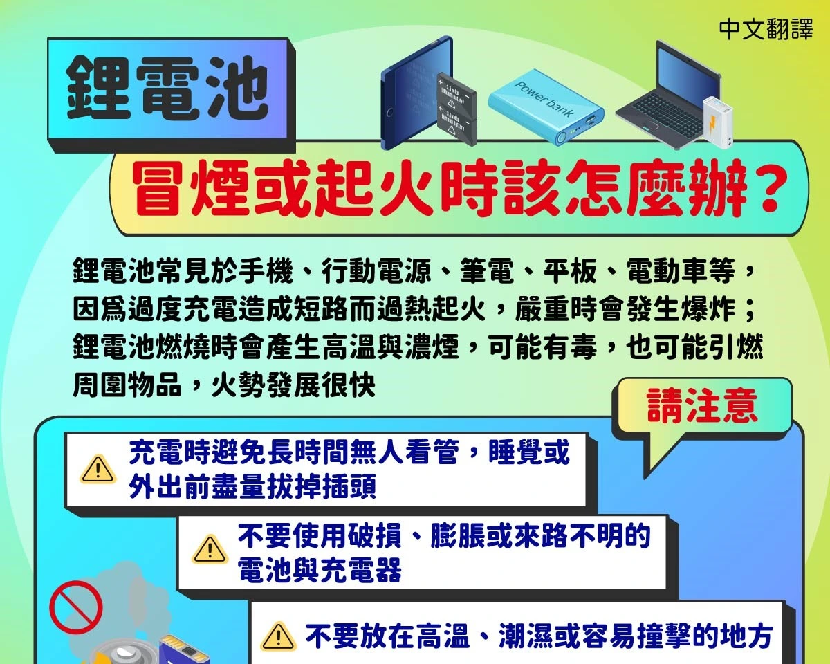 1150519 鋰電池冒煙或起火時該怎麼辦？
