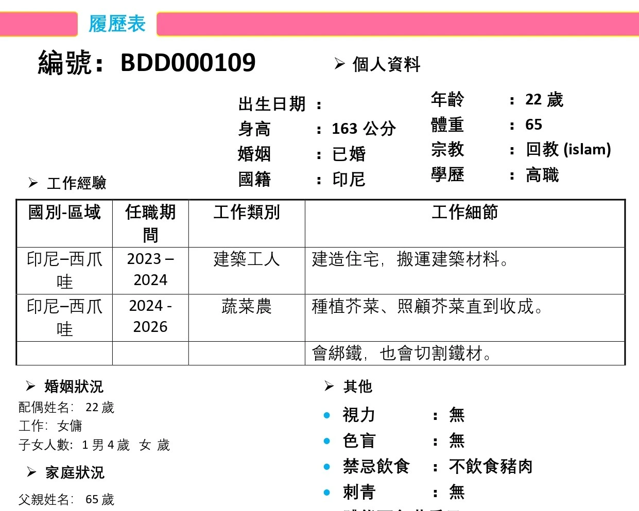 【印尼-國外-男】建築工人/蔬菜農